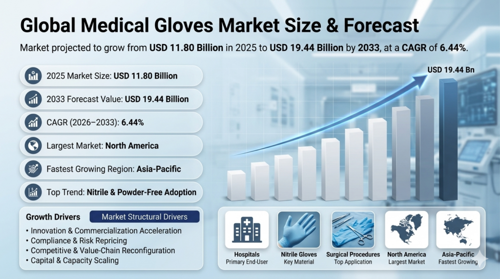 The global market for medical gloves is poised for significant growth, driven by a confluence of factors that span regulatory, technological, and competitive domains. As of the base year 2025, the market size was valued at USD 11.80 billion. Over the forecast period from 2026 to 2033, the market is expected to expand at a compound annual growth rate (CAGR) of 6.44%, leading to a projected market size of USD 19.44 billion by the end of 2033