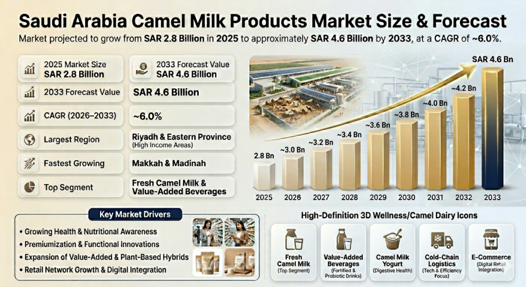 The Saudi Arabia Camel Milk Products Market is buzzing.Camel milk is the new superfood in Saudi Arabia, driven by health-conscious consumers and a taste for premium dairy.