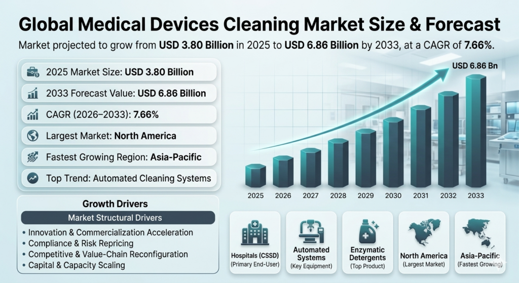 The Global Medical Devices Cleaning Market, valued at USD 3.80 billion in the base year of 2025, is projected to reach USD 6.86 billion by 2033, reflecting a compound annual growth rate (CAGR) of 7.66% during the forecast period from 2026 to 2033.
