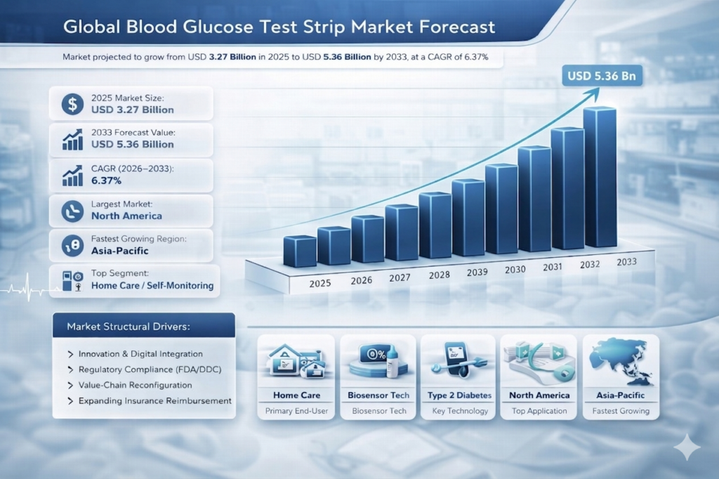 The Blood Glucose Test Strips market is projected to experience significant growth over the forecast period from 2026 to 2033. As of the base year 2025, the market size was valued at USD 3.27 billion, and it is anticipated to expand at a compound annual growth rate (CAGR) of 6.37%. This growth trajectory is expected to culminate in a market size of approximately USD 5.36 billion by 2033.