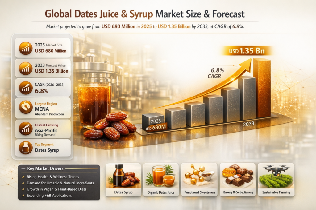 The Global Dates Juice and Syrup Market is witnessing steady growth driven by increasing consumer demand for natural sweeteners, health-conscious consumption patterns, and expanding applications of date-based ingredients in the food and beverage industry