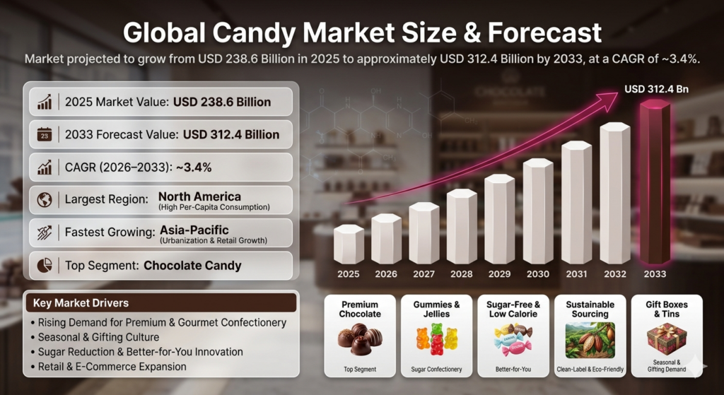 The Global Candy Market is a major segment within the global confectionery industry. It includes chocolate confectionery, sugar confectionery, gummies, hard candies, chewing gum, and mints.
