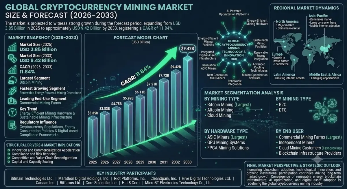 The market includes Bitcoin mining, altcoin mining, cloud mining services, mining hardware, mining software, hosting services, and mining infrastructure solutions.