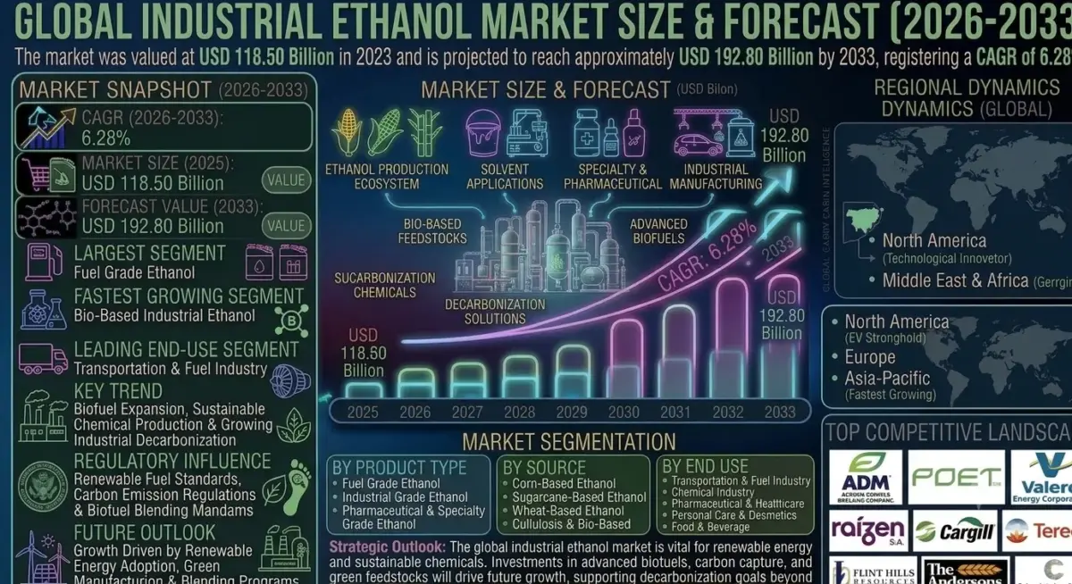 Industrial ethanol is a bio-based alcohol produced primarily from agricultural feedstocks such as corn, sugarcane, wheat, and other biomass sources.