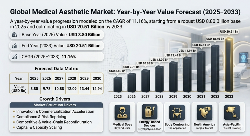 The Global Medical Aesthetic market is poised for substantial growth in the forecast period from 2026 to 2033. With a base year market size of USD 8.80 billion in 2025, the industry is expected to achieve a market size of USD 20.51 billion by 2033, representing a Compound Annual Growth Rate (CAGR) of 11.16%. 