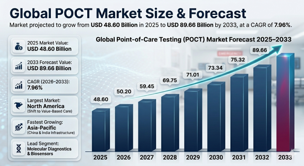 The Point-of-Care Testing (POCT) market is poised for substantial growth over the coming years. As of the base year 2025, the market size was estimated at USD 48.60 billion.