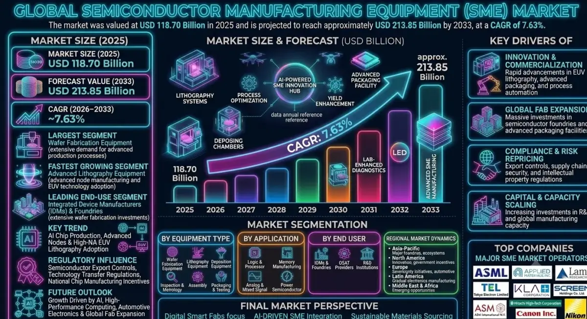 The market includes lithography systems, deposition equipment, etching equipment, wafer inspection systems, metrology tools, packaging equipment, and semiconductor testing solutions.