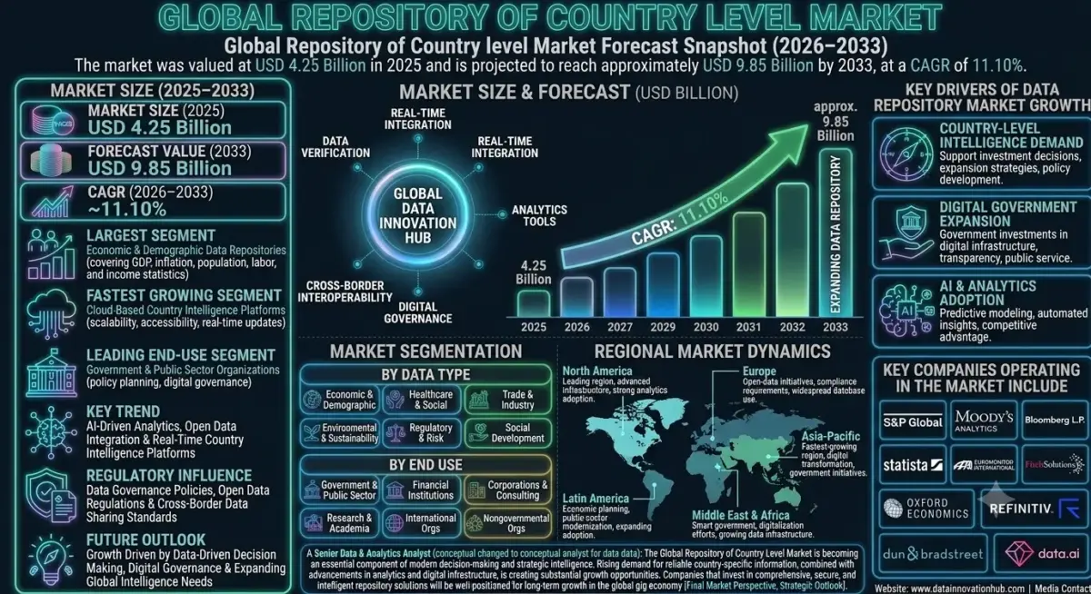 The Global Repository of Country Level Market is expected to witness strong growth during the forecast period from 2026 to 2033. The market was valued at USD 4.25 billion in 2025 and is projected to reach approximately USD 9.85 billion by 2033, registering a CAGR of 11.10%.