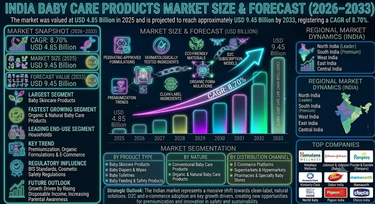 The baby care products market includes a wide range of products such as baby skincare products, diapers, wipes, shampoos, lotions, powders, baby toiletries, feeding accessories, and baby safety products.
