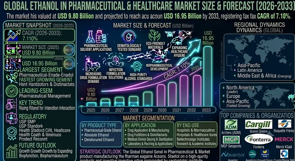 The Global Ethanol in Pharmaceutical & Healthcare Market is expected to witness steady growth during the forecast period from 2026 to 2033. The market was valued at USD 9.80 billion in 2025 and is projected to reach approximately USD 16.95 billion by 2033, registering a CAGR of 7.10%.