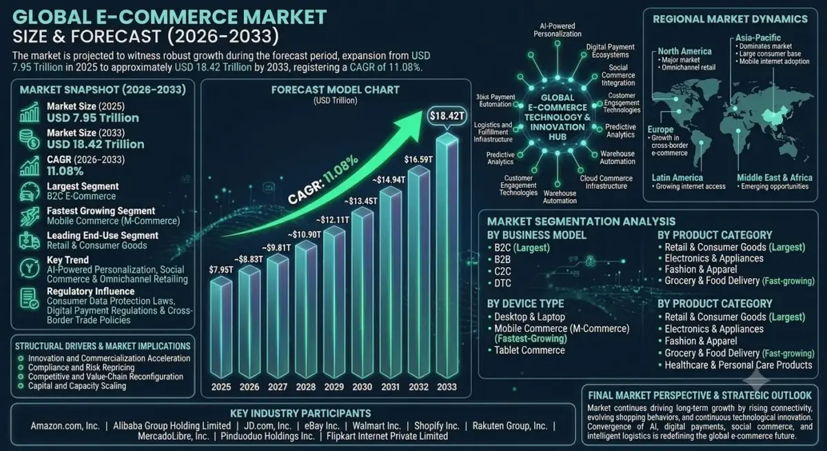 The market includes business-to-consumer (B2C), business-to-business (B2B), consumer-to-consumer (C2C), direct-to-consumer (DTC), and subscription-based commerce models.