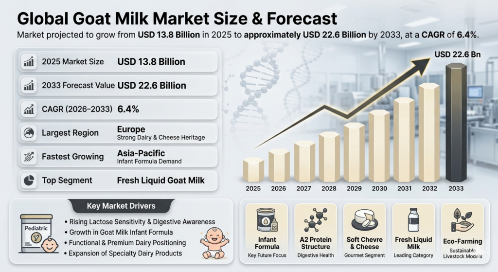 The Global Goat Milk Market is experiencing structural expansion, supported by rising consumer awareness of digestive health, increasing lactose sensitivity prevalence, and growing demand for alternative dairy products