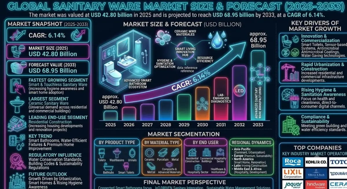 The market includes toilets, wash basins, urinals, cisterns, bathtubs, bidets, smart toilets, and other sanitary fixtures manufactured using ceramic, porcelain, metal, and advanced composite materials.