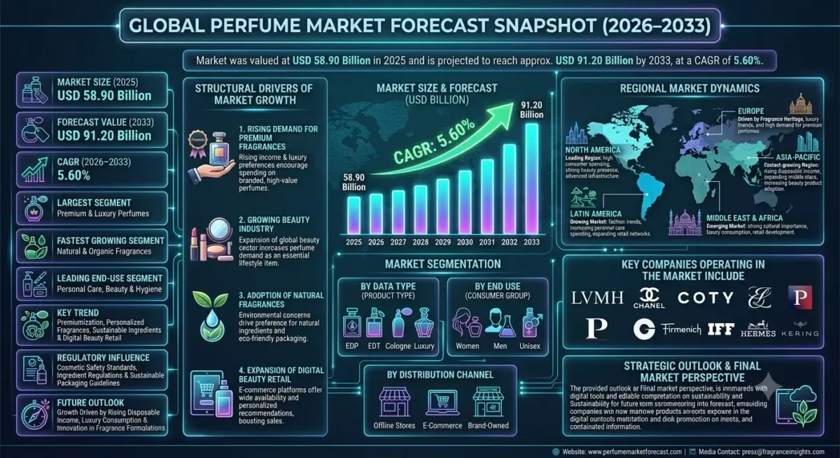 The perfume market includes a wide range of fragrance products such as eau de parfum, eau de toilette, colognes, body mists, and luxury fragrances.