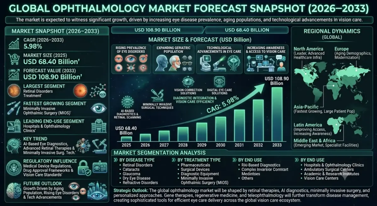 Ophthalmology is a specialized branch of medicine focused on the diagnosis, treatment, and prevention of eye diseases and vision disorders. The market encompasses ophthalmic pharmaceuticals, surgical devices, diagnostic equipment, vision correction products, and specialized treatment procedures