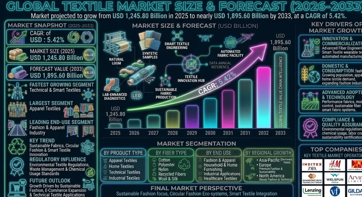 The market includes natural fibers (cotton, wool, silk), synthetic fibers (polyester, nylon), blended fabrics, technical textiles, and smart textile solutions.