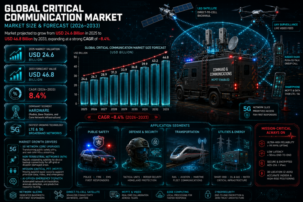 The critical communication market forms a vital segment of the global telecommunications, public safety, and defense technology industries.