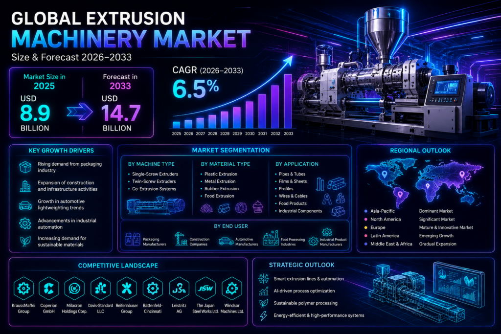 The extrusion machinery market is a key segment of the global industrial machinery and manufacturing equipment industry.