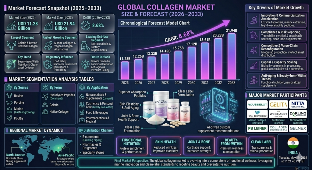 The Global Collagen Market is expected to witness strong growth during the forecast period from 2026 to 2033. The market was valued at USD 11.28 billion in 2025 and is projected to reach approximately USD 21.94 billion by 2033, registering a CAGR of 8.68%.