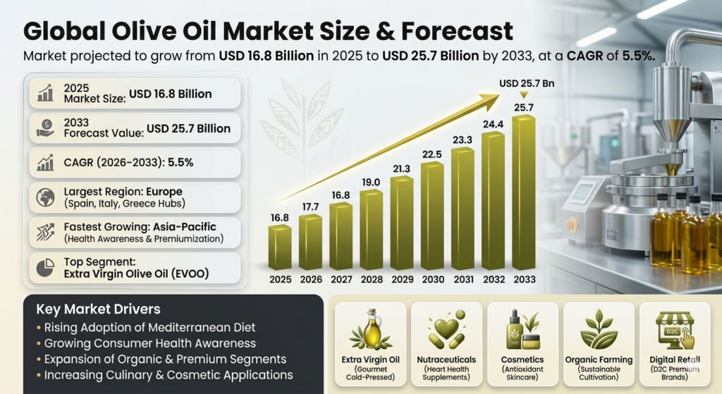 Global Olive Oil Market is buzzing. Olive oil's trending. People are switching to this heart-healthy, natural oil for cooking and wellness.