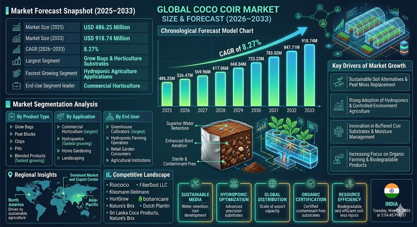 Coco coir is a natural fiber extracted from coconut husks and used as a sustainable growing medium across agricultural and horticultural applications.