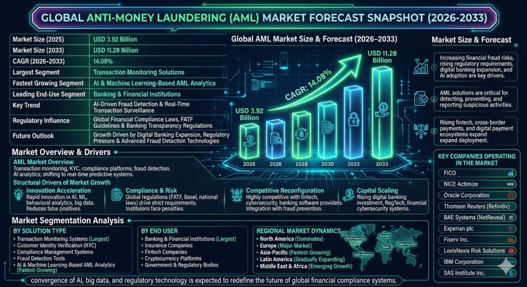 The market includes transaction monitoring systems, customer identity verification (KYC) solutions, compliance management platforms, fraud detection tools, and AI-driven analytics systems.