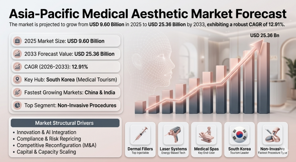 The Asia Pacific Medical Aesthetic market is poised for substantial growth over the forecast period of 2026 to 2033. With a base year market size of USD 9.60 billion in 2025, the market is anticipated to expand at a compound annual growth rate (CAGR) of 12.91%, reaching a forecasted market size of USD 25.36 billion by 2033. 