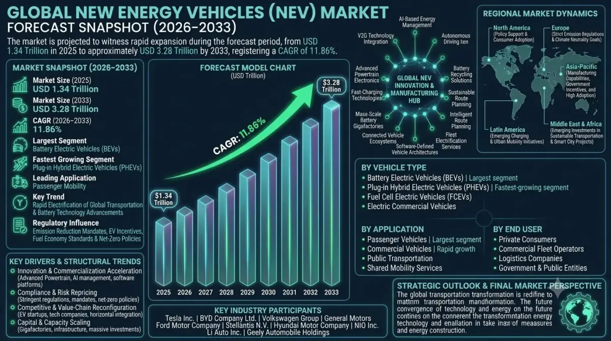 The market includes battery electric cars, plug-in hybrids, electric buses, electric trucks, fuel cell vehicles, and associated charging and battery ecosystem services.