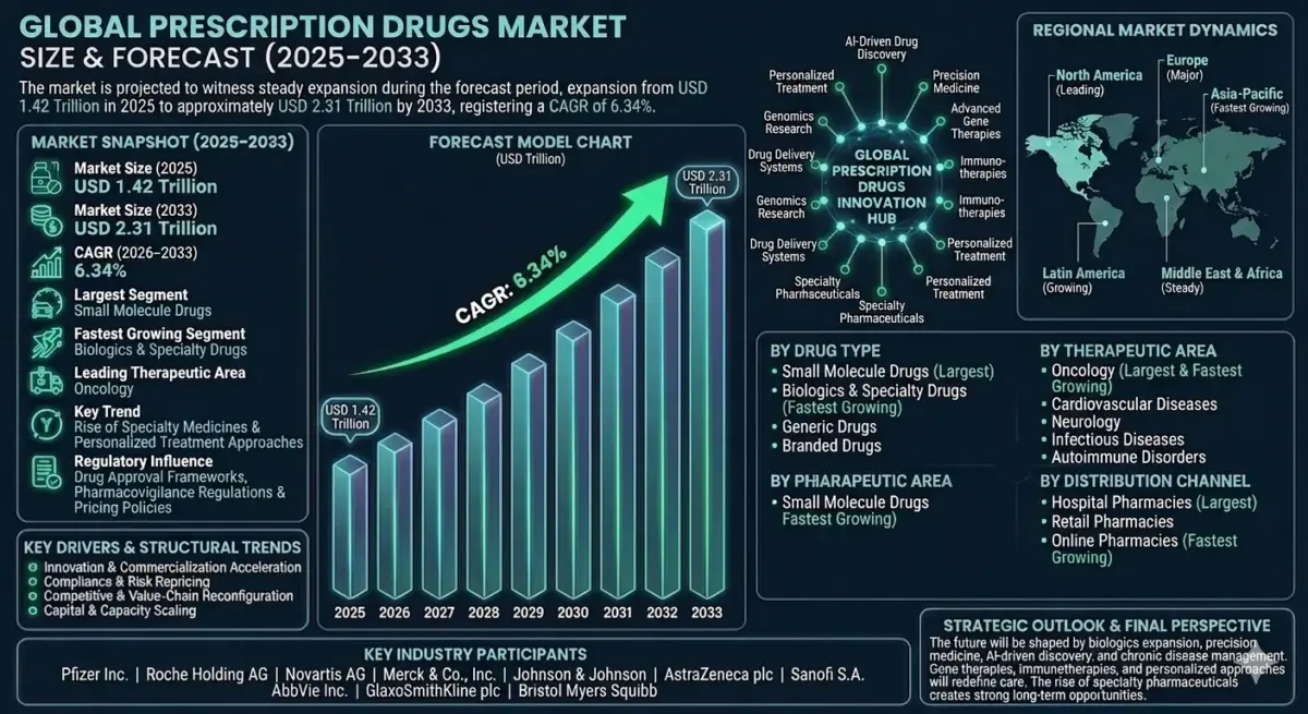 The Global Prescription Drugs Market is expected to witness steady expansion during the forecast period from 2026 to 2033. The market was valued at USD 1.42 trillion in 2025 and is projected to reach approximately USD 2.31 trillion by 2033, registering a CAGR of 6.34%.