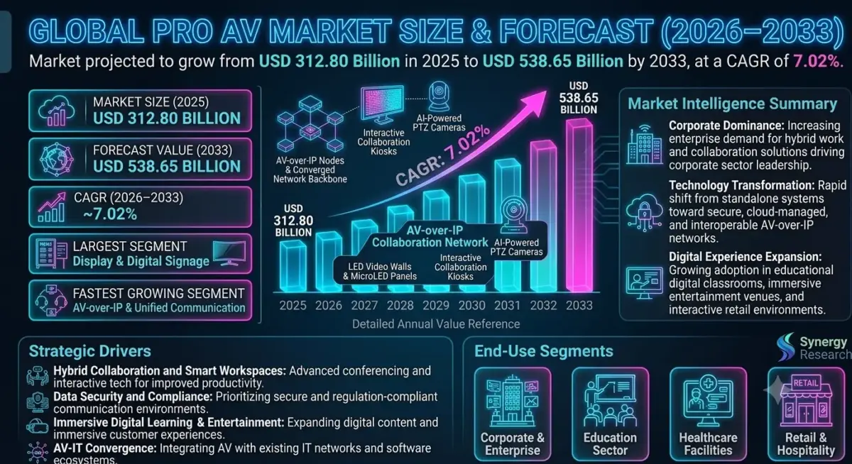 The market includes displays, projectors, digital signage, conferencing systems, audio equipment, control systems, AV-over-IP solutions, streaming technologies, and managed AV services.