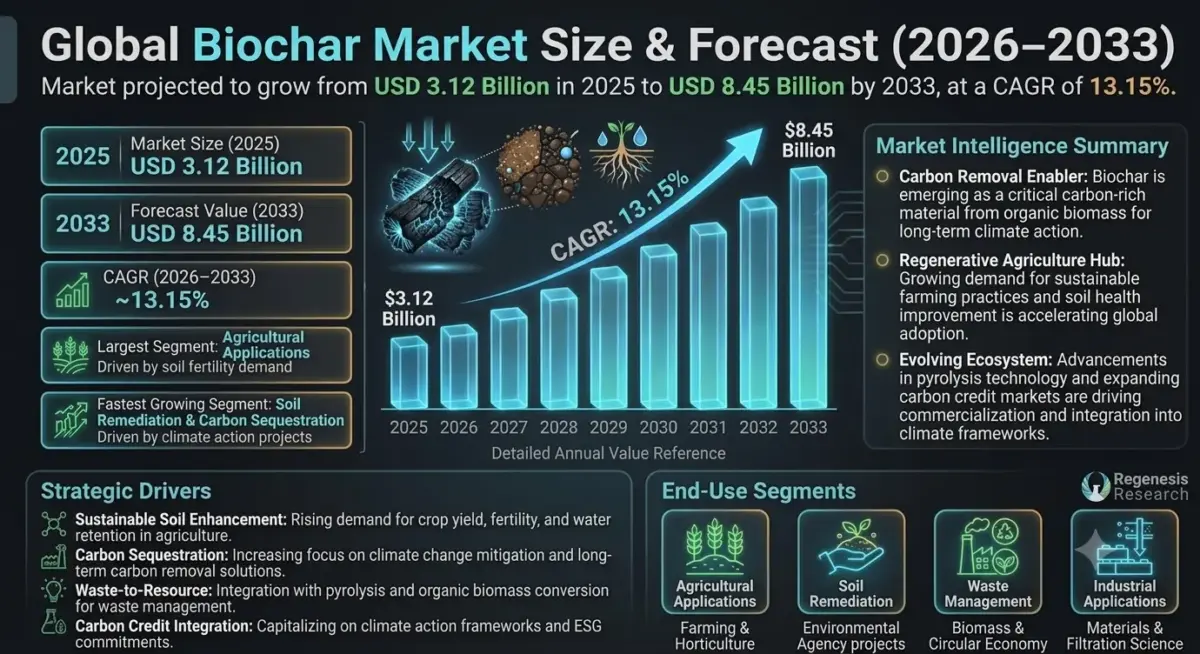 The market includes agricultural biochar, industrial biochar, activated biochar products, and specialty applications for environmental remediation and construction materials.