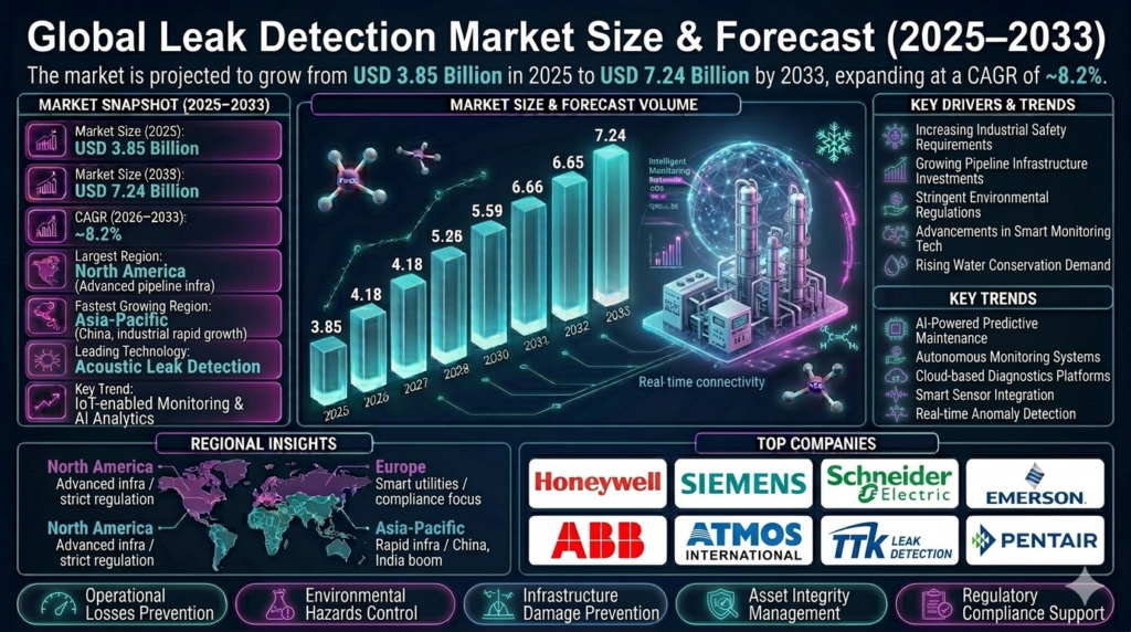 The leak detection market forms an essential segment of the industrial monitoring, safety, and infrastructure protection industry.