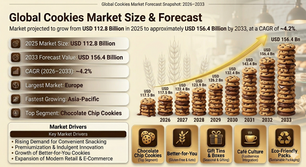 According to Pheonix Research, the Global Cookies Market is valued at USD 112.8 billion in 2025 and is projected to reach approximately USD 156.4 billion by 2033, registering a CAGR of ~4.2% (2026–2033). Growth is supported by urban lifestyles, on-the-go consumption patterns, rising café culture, and premium dessert positioning.