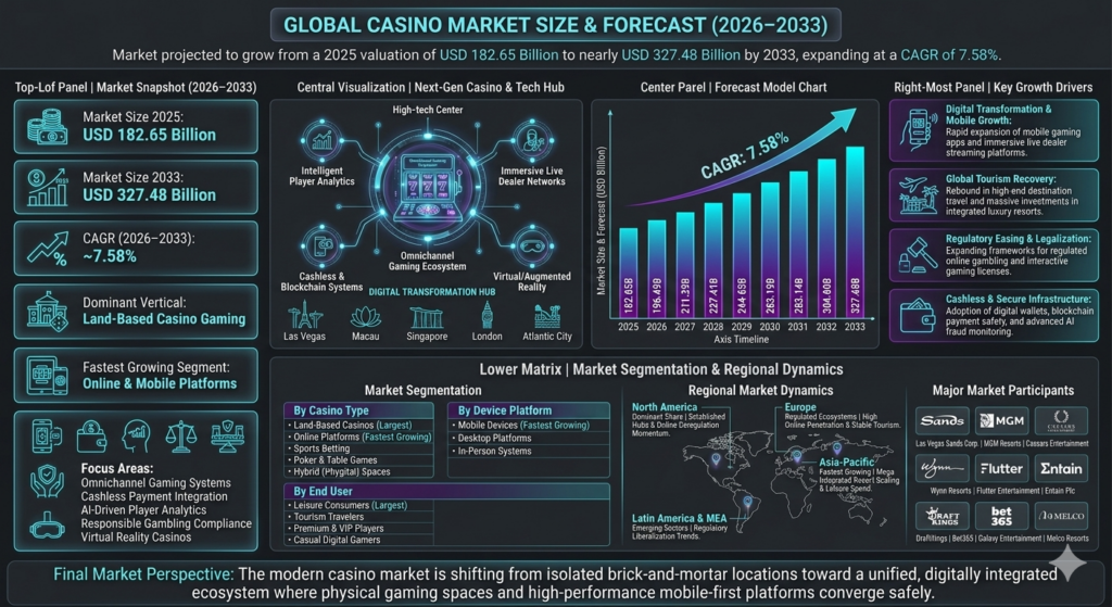 The casino market encompasses land-based and online gaming operations that offer wagering-based entertainment experiences across various gaming formats.