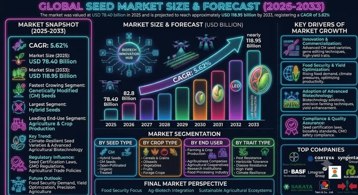 The Global Seed Market is expected to witness steady expansion during the forecast period from 2026 to 2033. The market was valued at USD 78.40 billion in 2025 and is projected to reach approximately USD 118.95 billion by 2033, registering a CAGR of 5.62%.