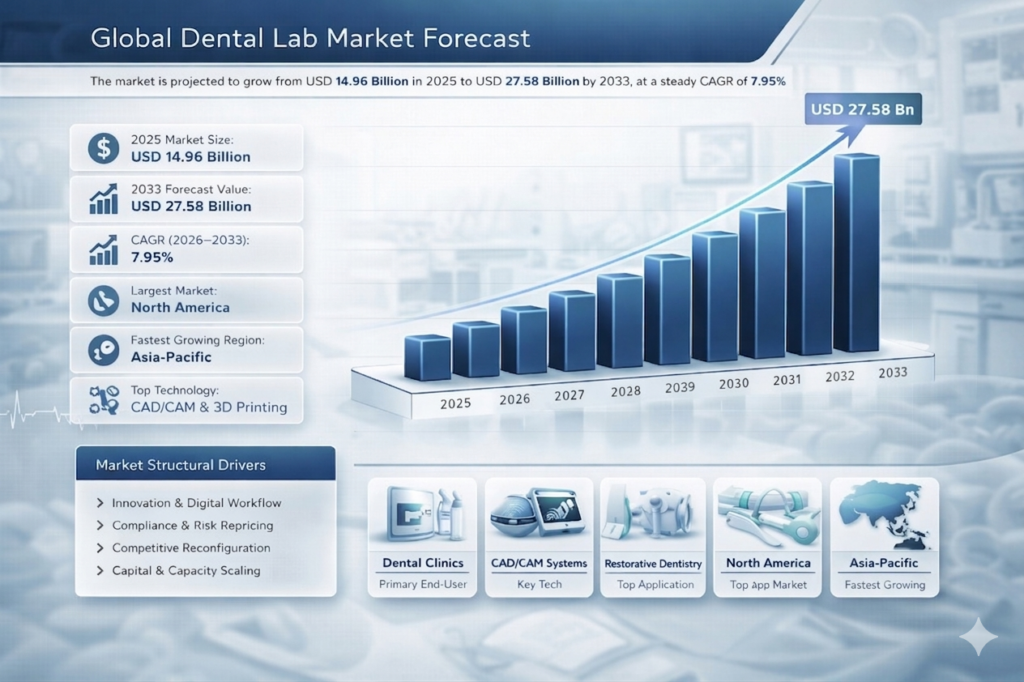 The Dental Lab Devices market, a crucial segment of the broader dental industry, has been steadily expanding and is set to witness significant growth over the forecast period of 2026 to 2033. In 2025, the market was valued at USD 14.96 billion. With a projected compound annual growth rate (CAGR) of 7.95%, it is anticipated to reach a market size of USD 27.58 billion by 2033.