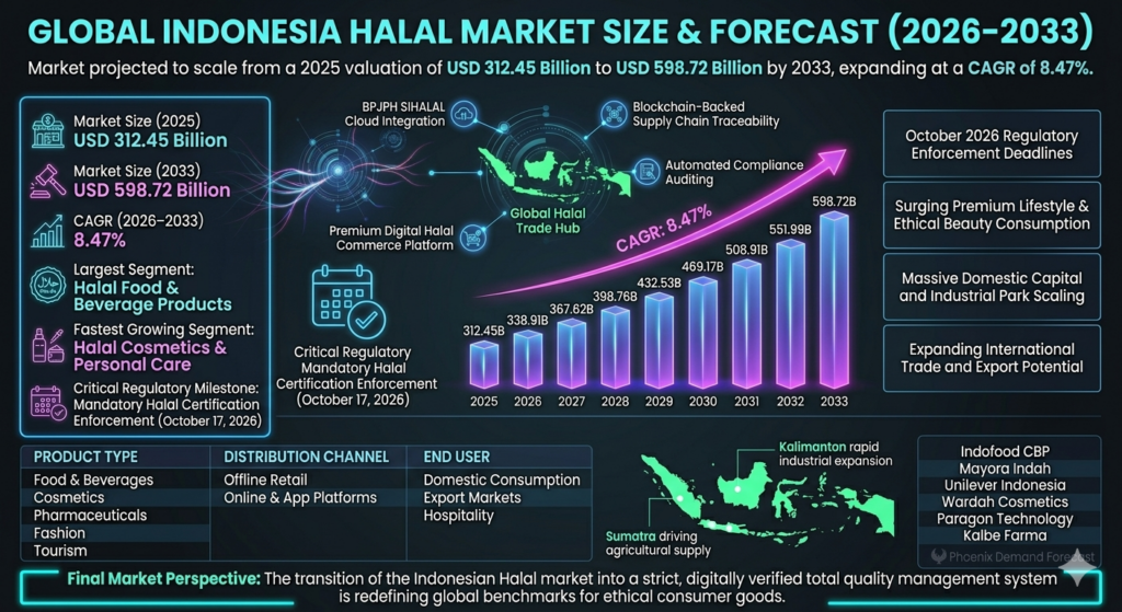 The Global Indonesia Halal Market is expected to witness strong expansion during the forecast period from 2026 to 2033. The market was valued at USD 312.45 billion in 2025 and is projected to reach approximately USD 598.72 billion by 2033, registering a CAGR of 8.47%.