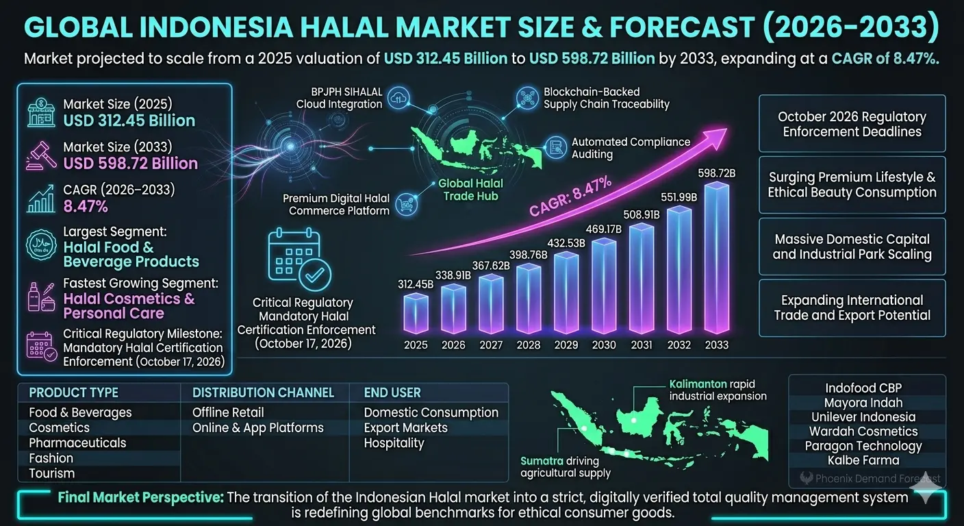 The Global Indonesia Halal Market is expected to witness strong expansion during the forecast period from 2026 to 2033. The market was valued at USD 312.45 billion in 2025 and is projected to reach approximately USD 598.72 billion by 2033, registering a CAGR of 8.47%.