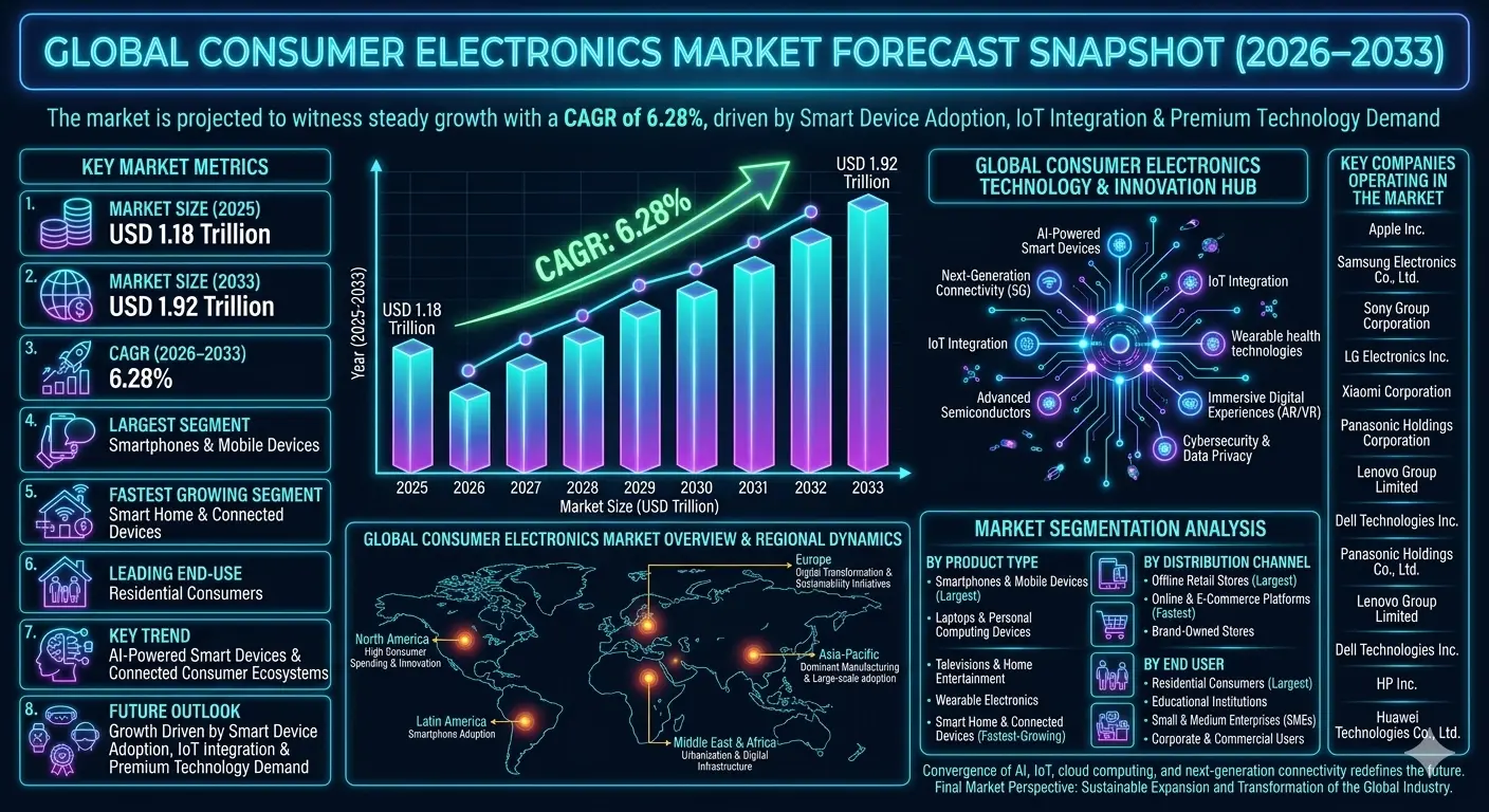 The market includes smartphones, laptops, tablets, televisions, audio devices, gaming consoles, wearable electronics, smart home products, cameras, and personal computing equipment.