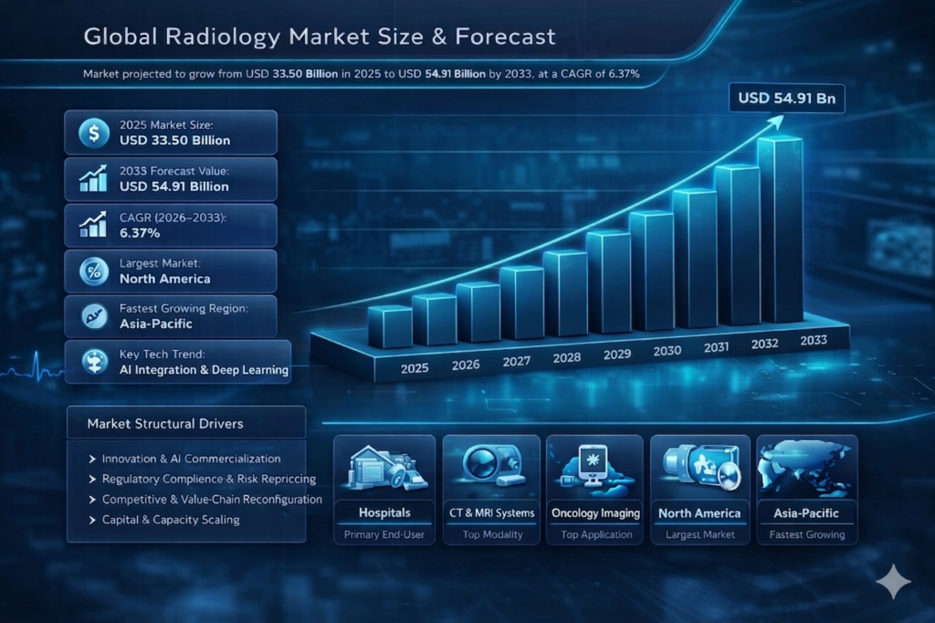 The Radiology Devices market is projected to witness significant growth over the forecast period from 2026 to 2033, with an anticipated compound annual growth rate (CAGR) of 6.37%. This growth trajectory will expand the market from its base year valuation of USD 33.50 billion in 2025 to an expected market size of USD 54.91 billion by 2033.