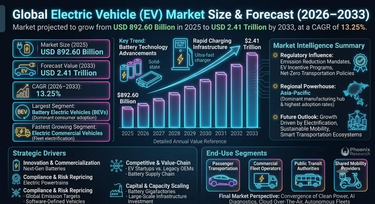 The market includes battery electric vehicles (BEVs), plug-in hybrid electric vehicles (PHEVs), hybrid electric vehicles (HEVs), electric buses, electric trucks, and electric two-wheelers.