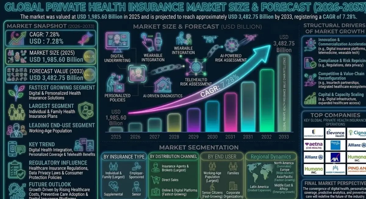 The market includes individual health insurance plans, family health insurance policies, employer-sponsored insurance programs, critical illness coverage, supplemental insurance, and specialized healthcare protection plans.