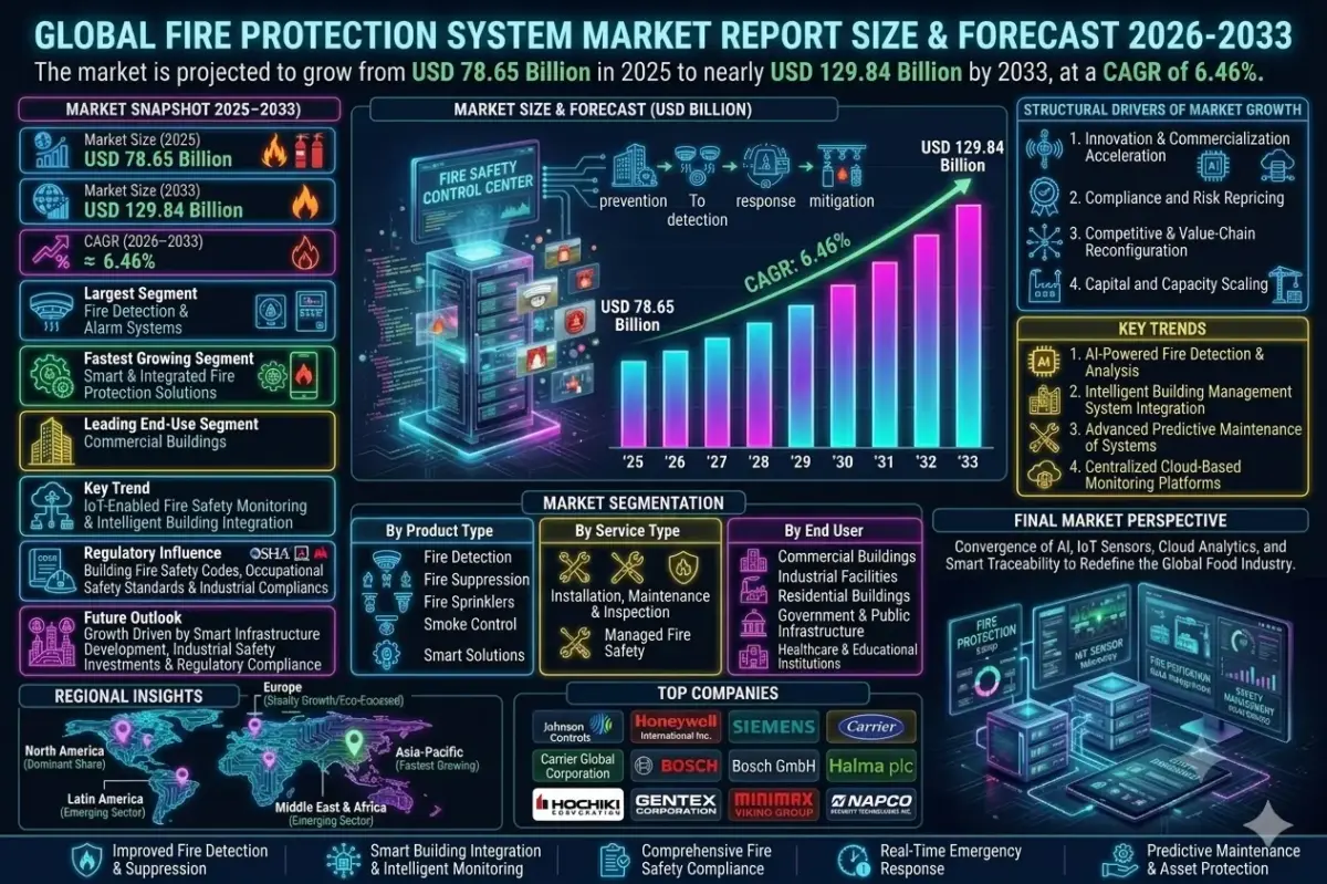 The market includes fire detection systems, fire alarms, sprinklers, suppression systems, smoke management systems, emergency communication systems, and fire safety monitoring software.