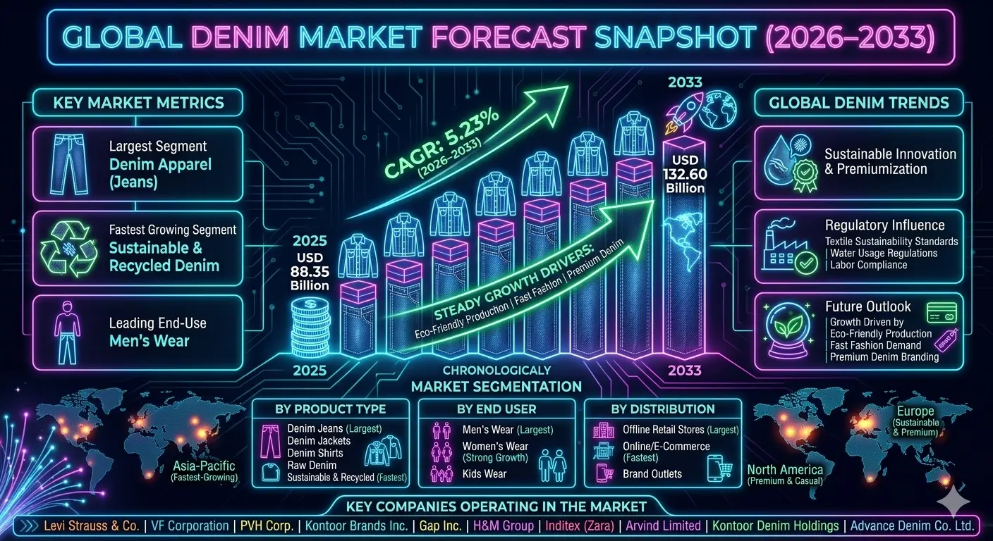 The market growth is primarily driven by sustained demand for denim apparel across global fashion industries, rising youth population, expanding casual wear adoption, and continuous product innovation in fabric design and comfort.