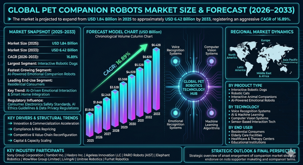 Pet companion robots are intelligent robotic devices designed to simulate the behavior, interaction, and companionship of pets through sensors, AI algorithms, voice recognition, and emotional response systems.