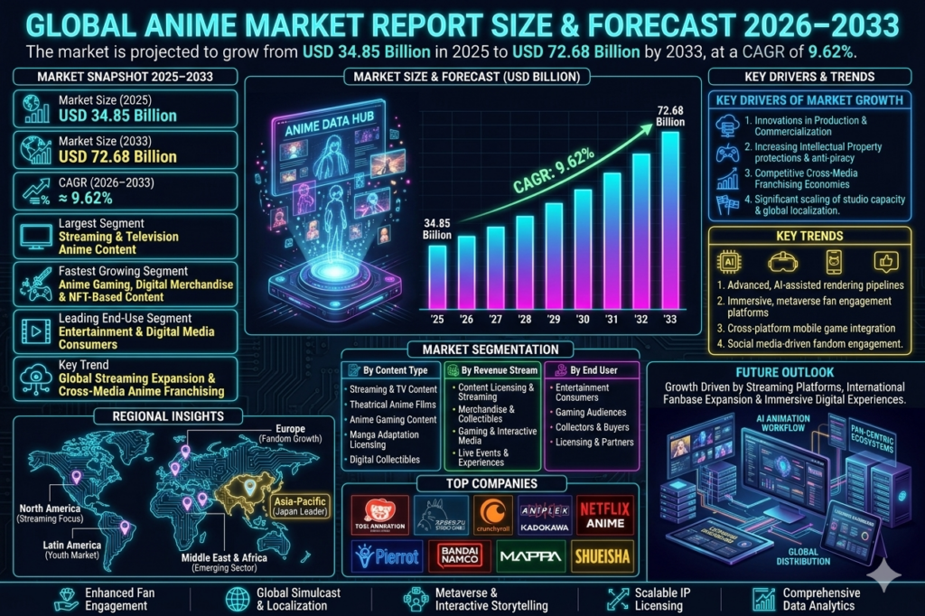 The anime market encompasses animated content production, licensing, distribution, merchandising, gaming integrations, and franchise monetization based on Japanese animation and related digital entertainment properties.