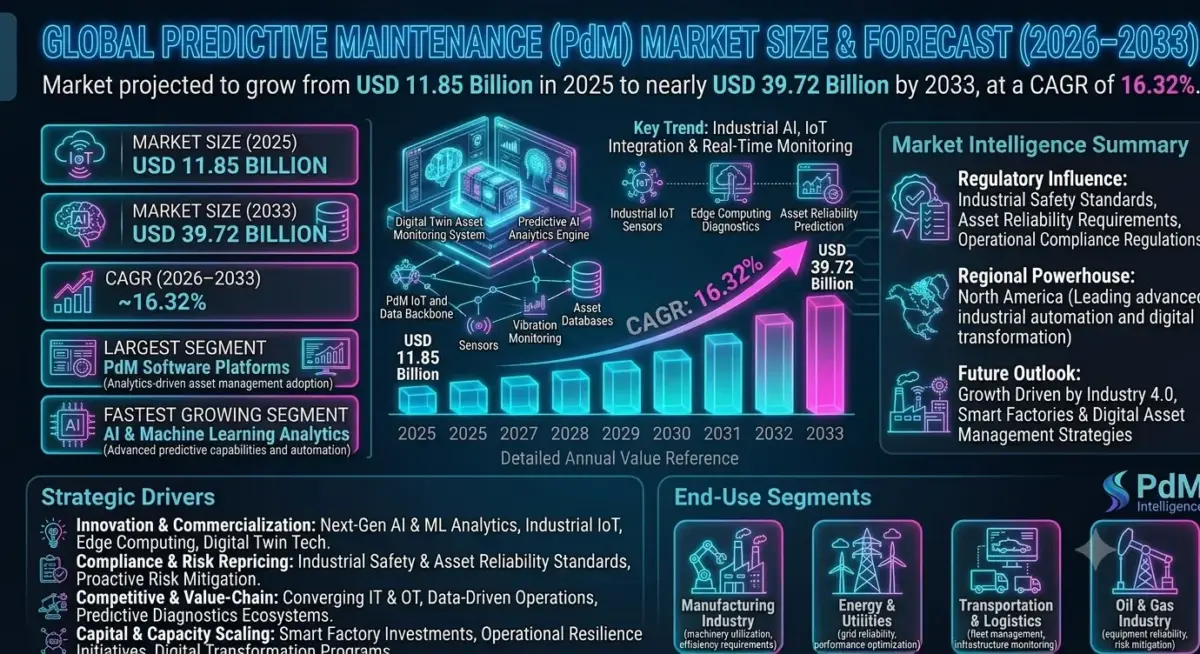 The market includes predictive maintenance software, sensors, monitoring systems, analytics platforms, cloud-based asset management solutions, and maintenance consulting services.