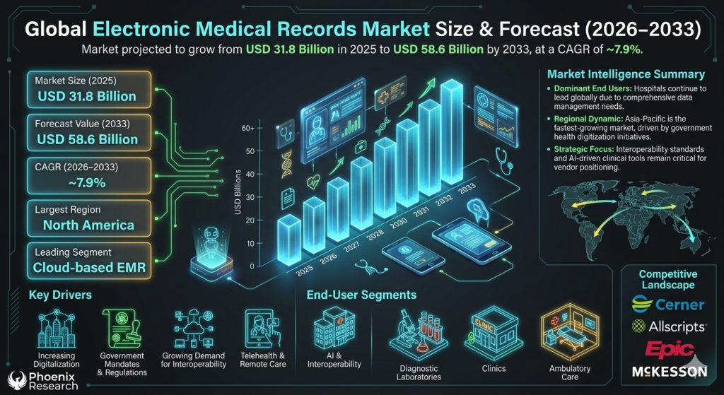 The global Electronic Medical Records (EMR) market is projected to witness substantial growth during the forecast period from 2026 to 2033. The market was valued at approximately USD 31.8 billion in 2025 and is expected to reach nearly USD 58.6 billion by 2033, expanding at a CAGR of around 7.9%.