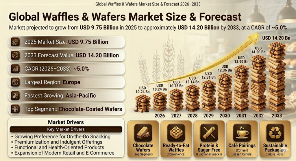 According to Pheonix Research, the Global Waffles & Wafers Market was valued at USD 9.75 billion in 2025 and is projected to reach approximately USD 14.20 billion by 2033, reflecting a CAGR of ~5.0% (2026–2033). Growth is supported by premiumization, functional ingredient inclusion, and expansion of modern retail and e-commerce channels.