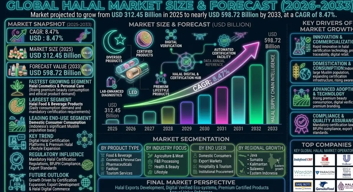 The market includes halal food products, beverages, cosmetics, pharmaceuticals, personal care products, Islamic fashion, halal tourism services, and halal-certified consumer goods.